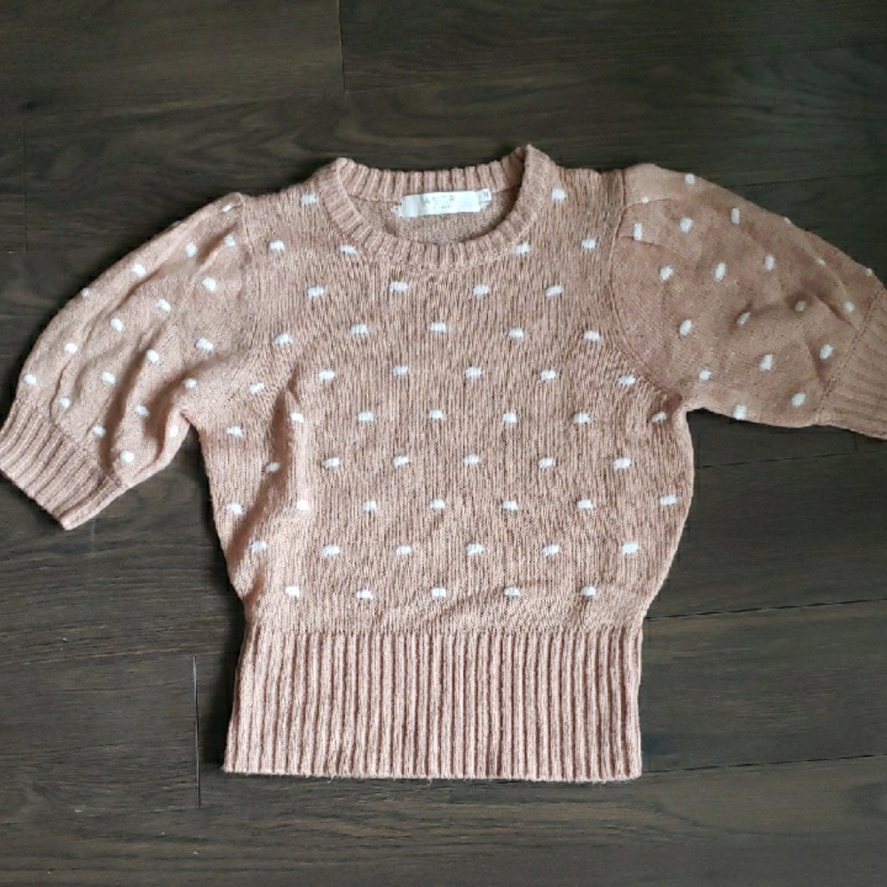 Astr Pink Crew Neck Sweater with Puff Sleeves